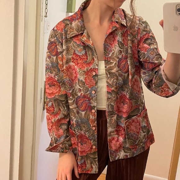 VINTAGE FLORAL FAUX JAQUARD SHIRT JACKET - Picture 1 of 6